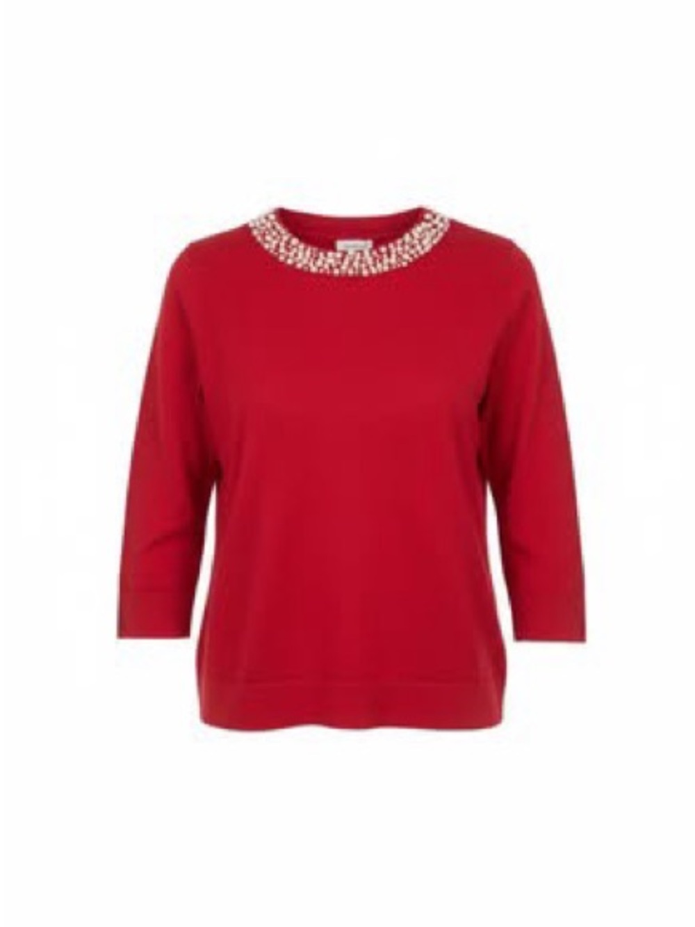 Red Sweater with Embellished Pearl Collar